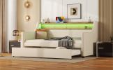 Twin Size Daybed with Trundle, Upholstered Daybed with Charging Station and LED Lights, Beige (Expect arrive date:May 20th.)