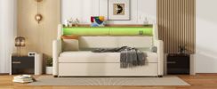Twin Size Daybed with Trundle, Upholstered Daybed with Charging Station and LED Lights, Beige (Expect arrive date:May 20th.)