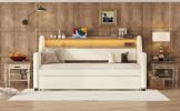 Twin Size Daybed with Trundle, Upholstered Daybed with Charging Station and LED Lights, White (Expect arrive date:May 20th. )