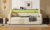 Twin Size Daybed with Trundle, Upholstered Daybed with Charging Station and LED Lights, Beige (Expect arrive date:May 20th.)