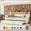 Twin Size Daybed with Trundle, Upholstered Daybed with Charging Station and LED Lights, White (Expect arrive date:May 20th. )